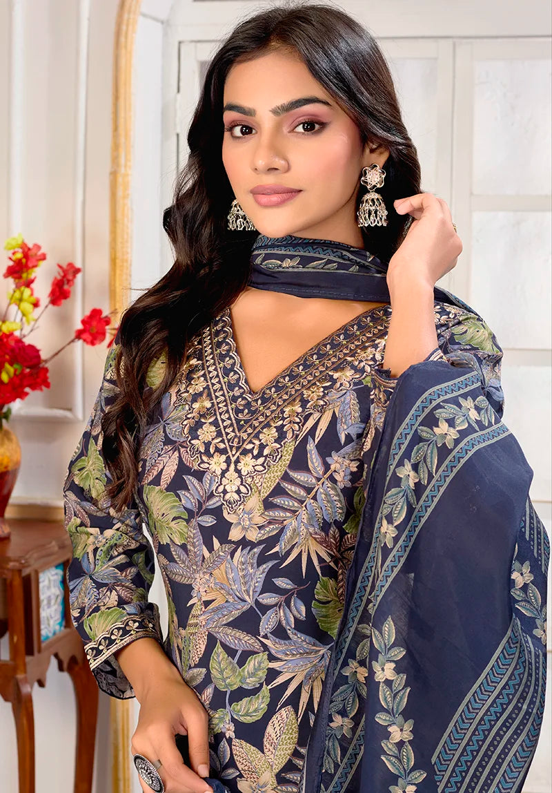 Dark Gray Chanderi Embroidered Kurti Set with Dupatta, yoke embroidery detail