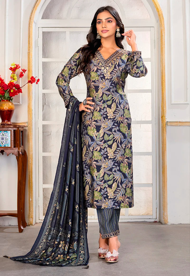 Dark Gray Chanderi Embroidered Kurti Set with Dupatta, styled with dupatta