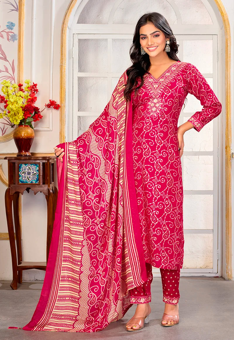 Pink Rayon Embroidered Kurti Set with Dupatta, front