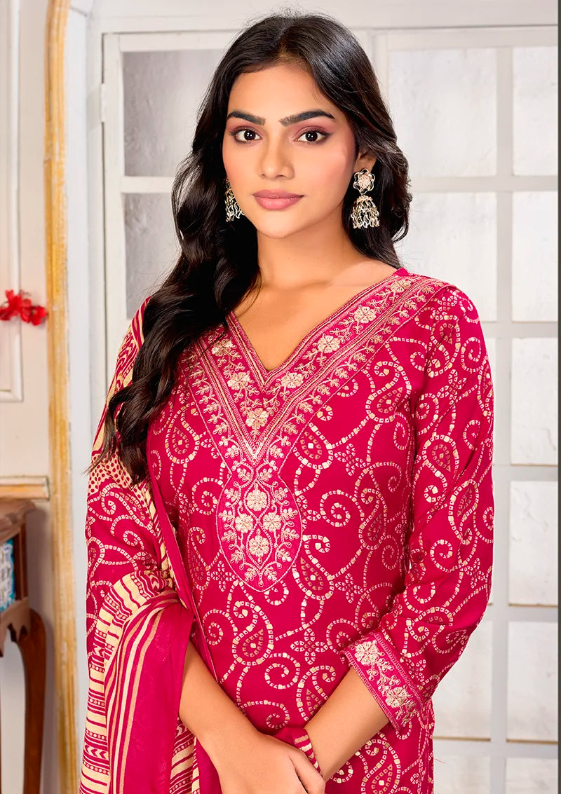 Pink Rayon Embroidered Kurti Set with Dupatta, yoke embroidery detail