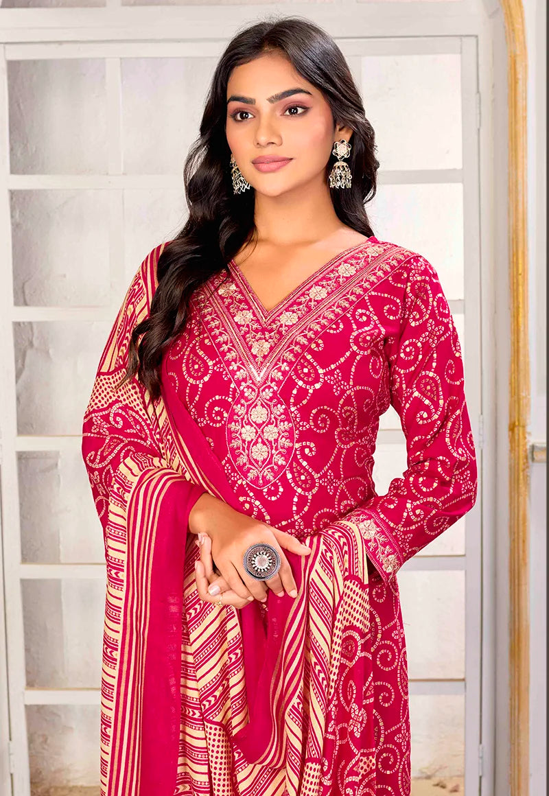 Pink Rayon Embroidered Kurti Set with Dupatta, upper body detail