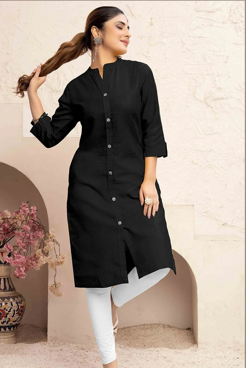 Black Cotton Blend Solid Straight Kurti, styled on model