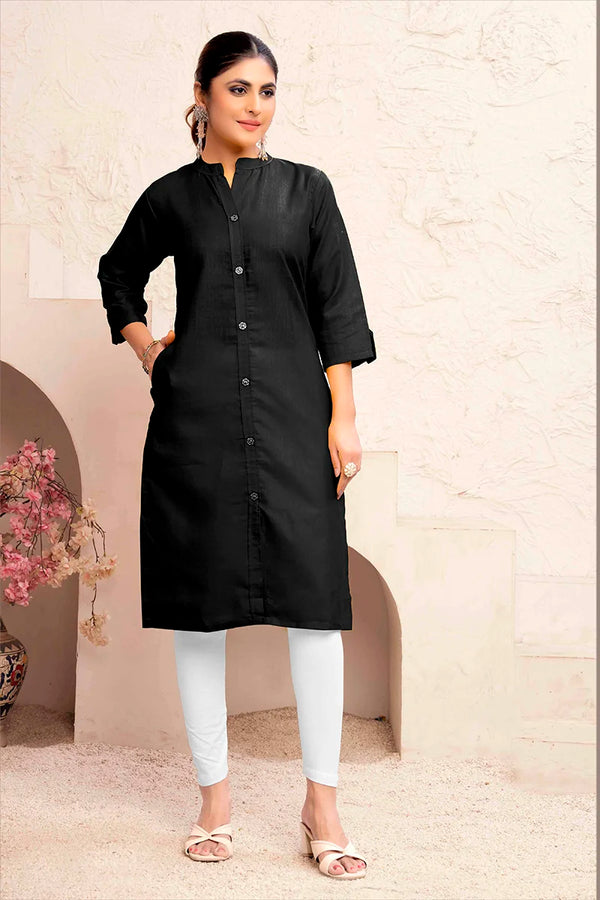 Black Cotton Blend Solid Straight Kurti, front