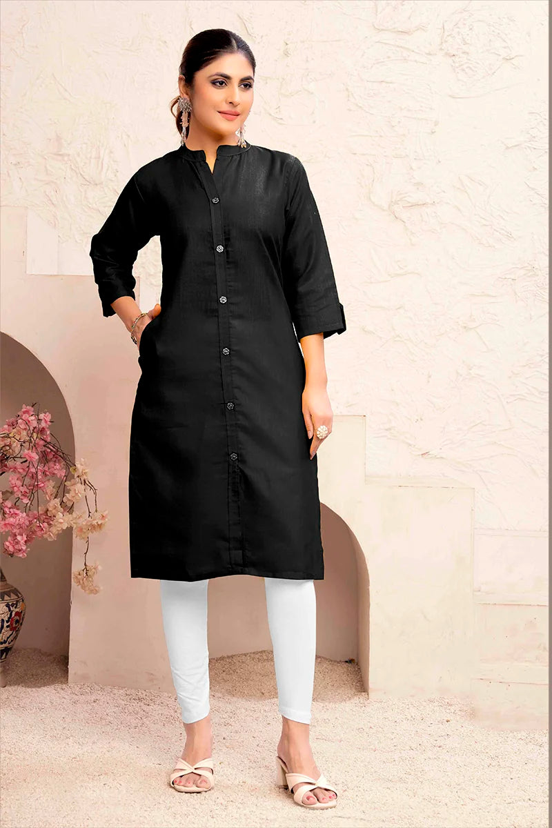 Black Cotton Blend Solid Straight Kurti, front