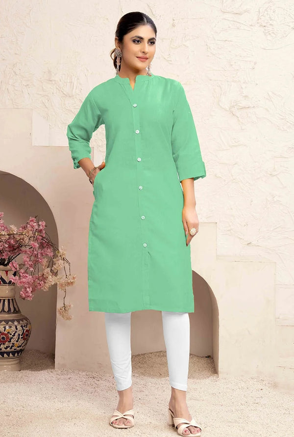 Sea Green Cotton Blend Solid Straight Kurti, front