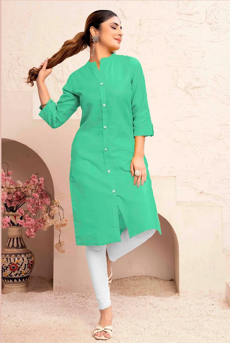 Sea Green Cotton Blend Solid Straight Kurti, styled on model