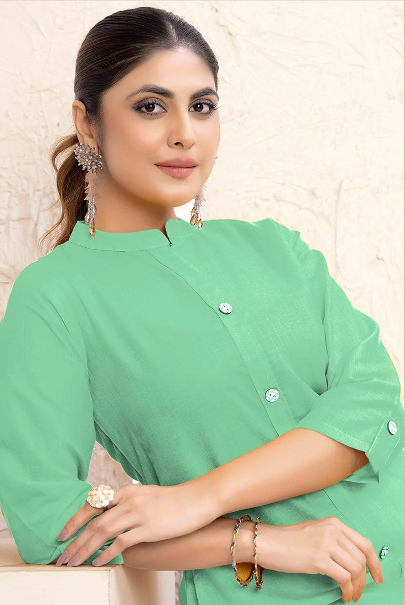 Sea Green Cotton Blend Solid Straight Kurti, collar detail