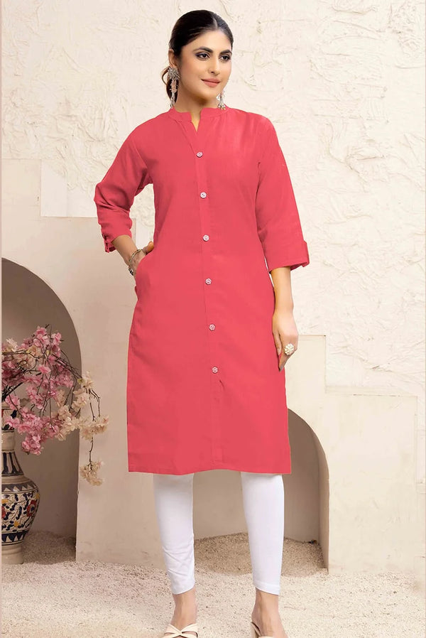 Peach Cotton Blend Solid Straight Kurti, front