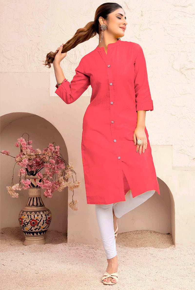 Peach Cotton Blend Solid Straight Kurti, side
