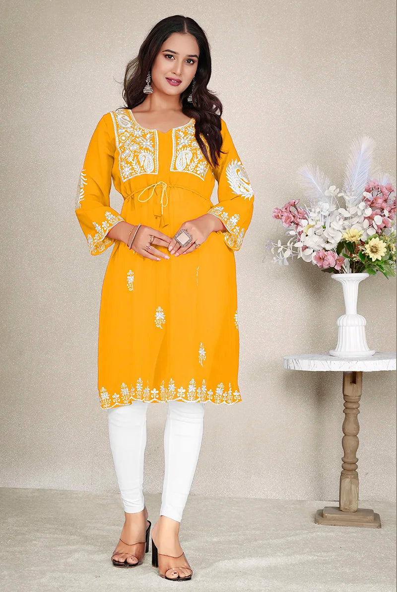 Mustard Georgette Embroidered A-Line Kurti, front