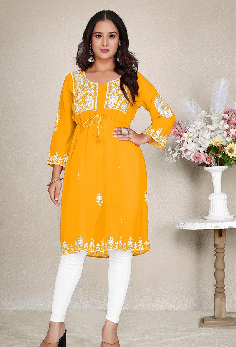 Mustard Georgette Embroidered A-Line Kurti, styled on model