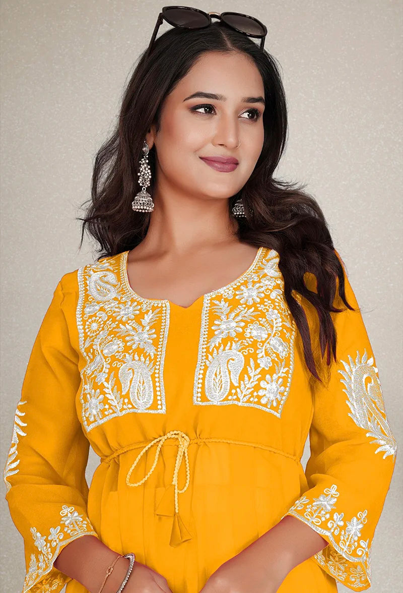 Mustard Georgette Embroidered A-Line Kurti, yoke embroidery detail