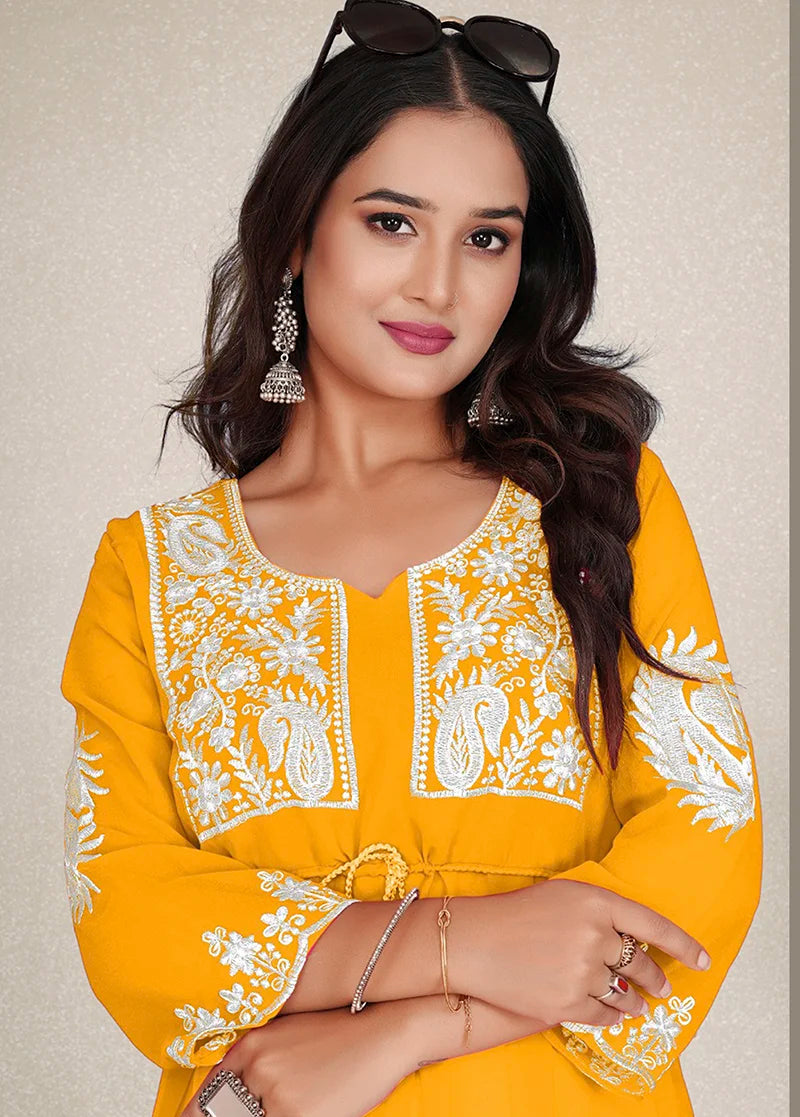 Mustard Georgette Embroidered A-Line Kurti, waist tie detail