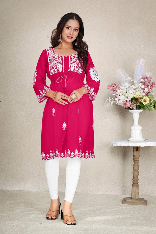 Rani Pink Georgette Embroidered A-Line Kurti, front