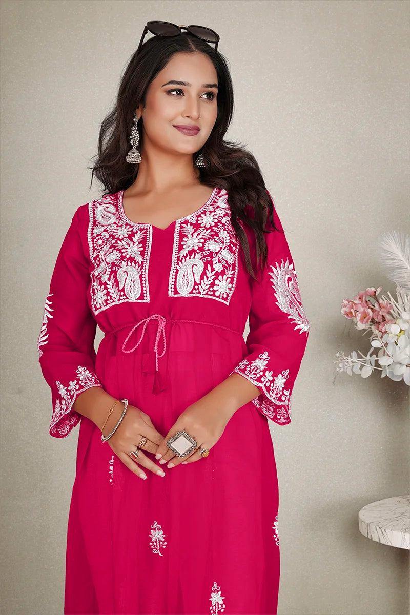 Rani Pink Georgette Embroidered A-Line Kurti, waist tie detail
