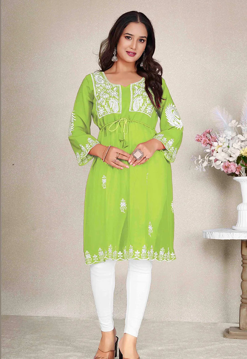 Parrot Green Georgette Embroidered A-Line Kurti, front