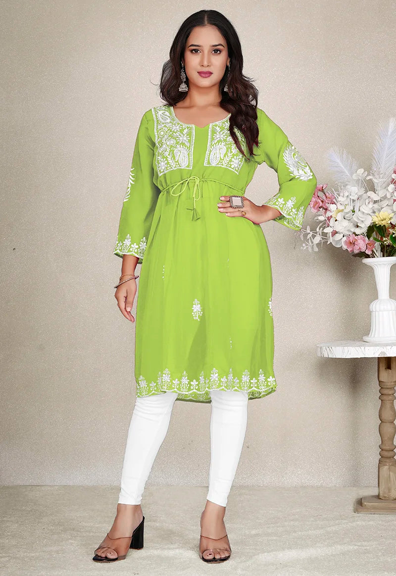 Parrot Green Georgette Embroidered A-Line Kurti, styled on model
