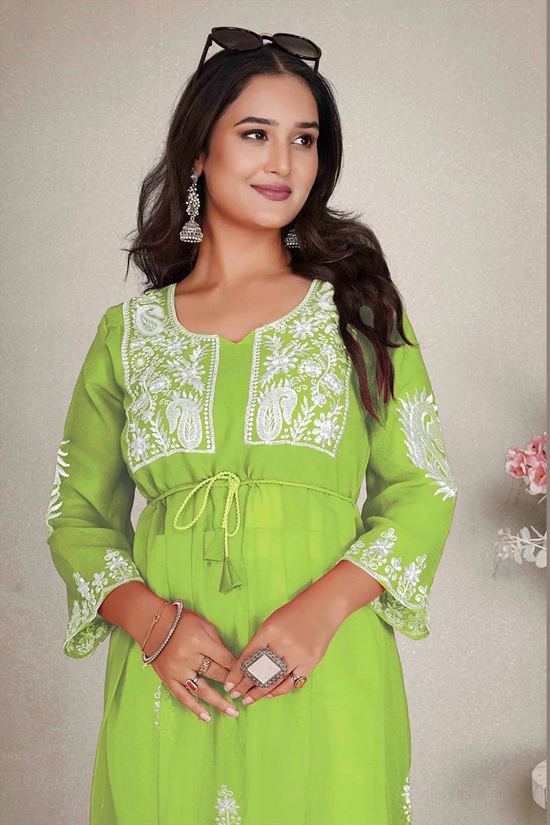 Parrot Green Georgette Embroidered A-Line Kurti, yoke embroidery detail