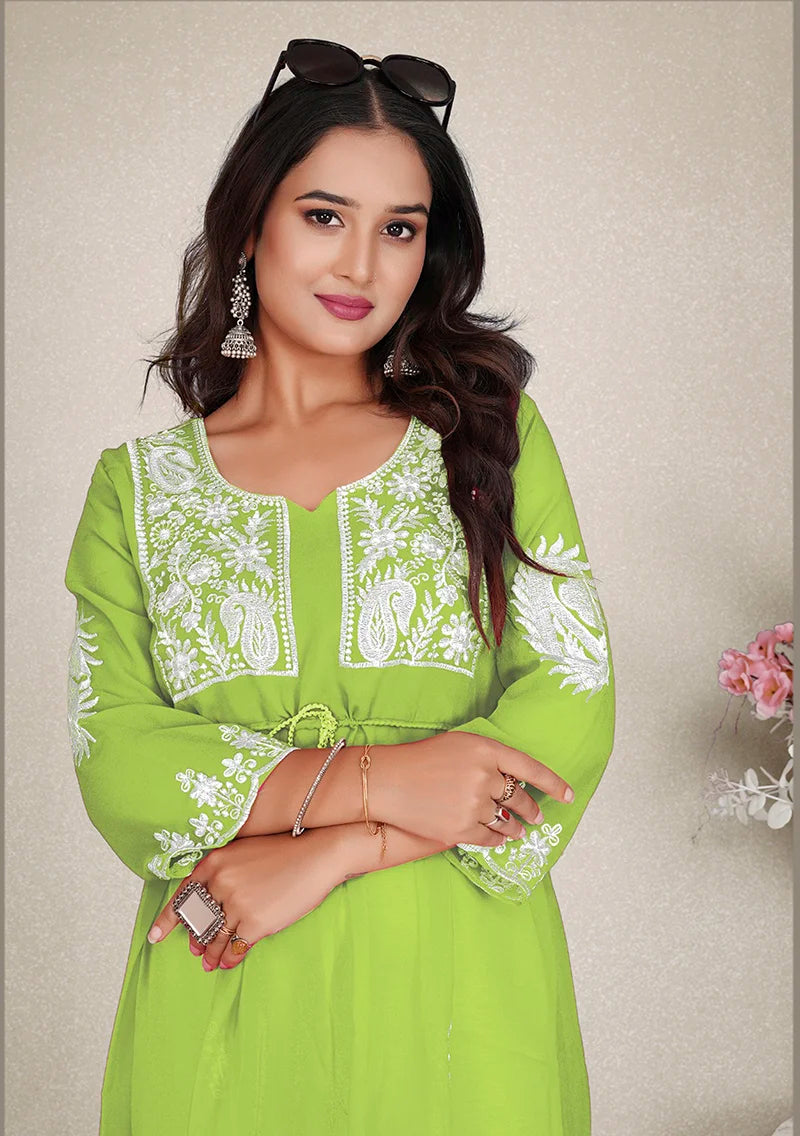 Parrot Green Georgette Embroidered A-Line Kurti, waist tie detail