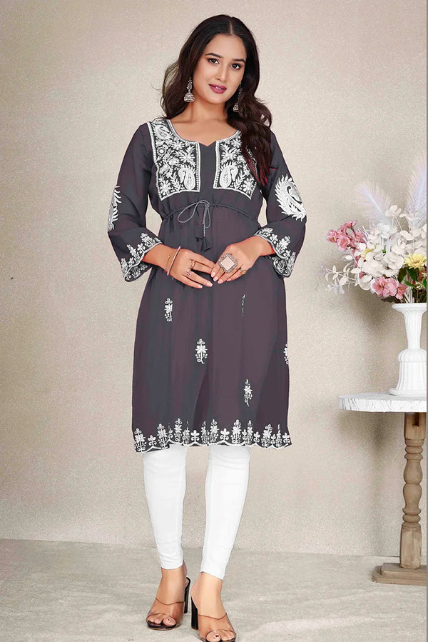 Dark Gray Georgette Embroidered A-Line Kurti, front