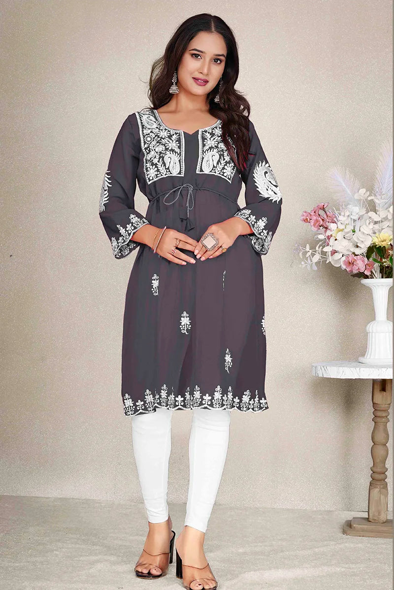 Dark Gray Georgette Embroidered A-Line Kurti, front