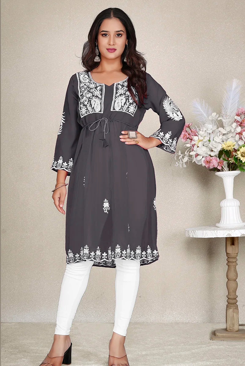 Dark Gray Georgette Embroidered A-Line Kurti, styled on model