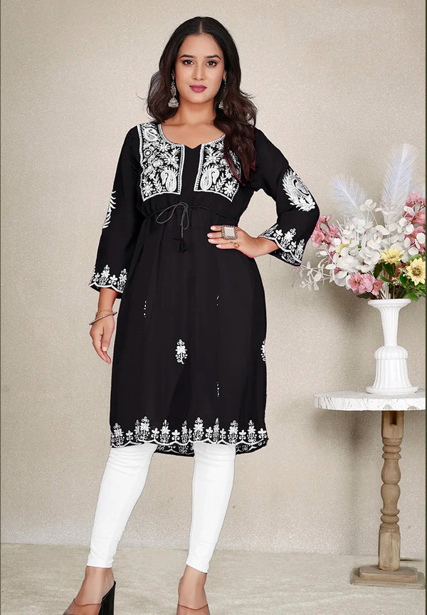 Black Georgette Embroidered A-Line Kurti, front
