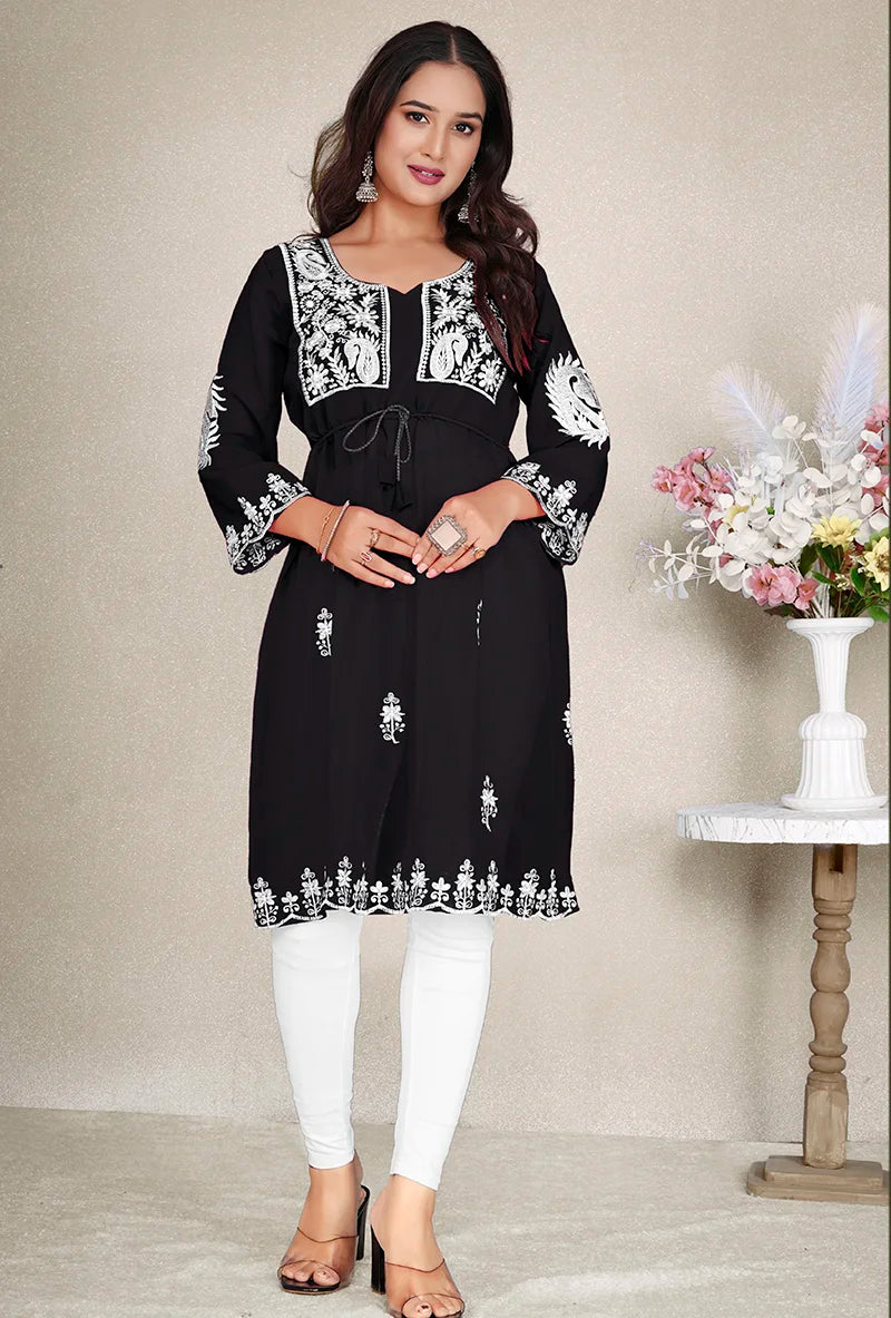 Black Georgette Embroidered A-Line Kurti, styled on model