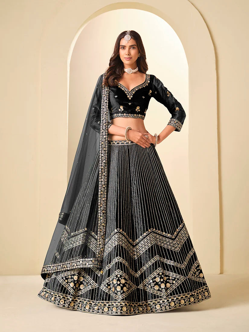 Black Velvet Chevron Embroidered Lehenga Choli, front