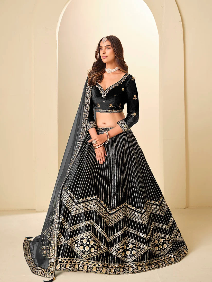Black Velvet Chevron Embroidered Lehenga Choli, side