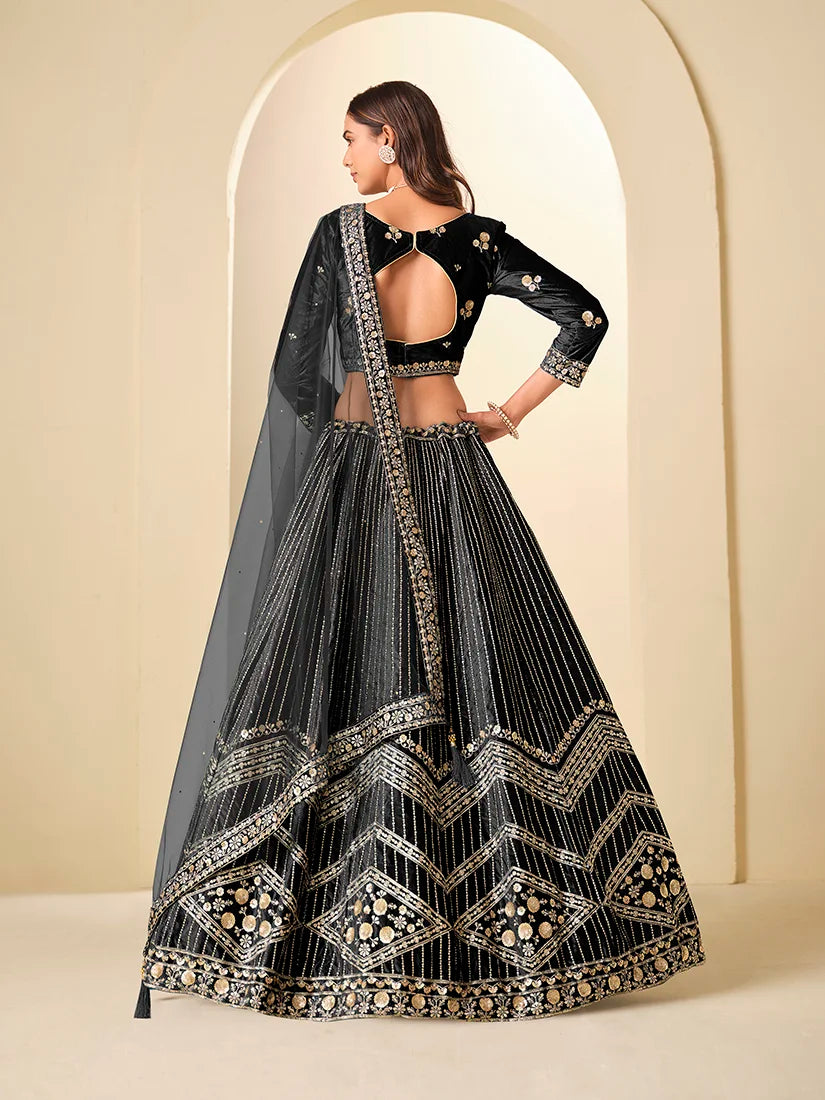 Black Velvet Chevron Embroidered Lehenga Choli, back