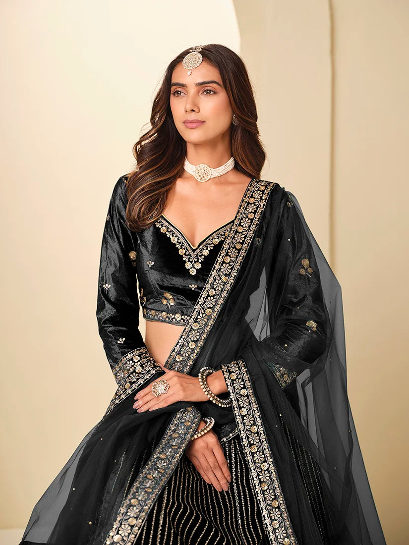 Black Velvet Chevron Embroidered Lehenga Choli, choli and dupatta detail