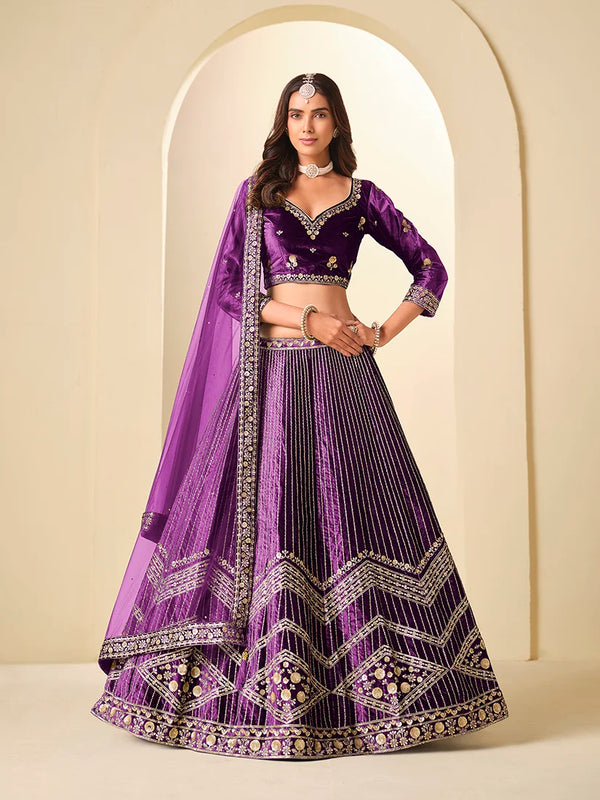 Purple Velvet Chevron Embroidered Lehenga Choli, front