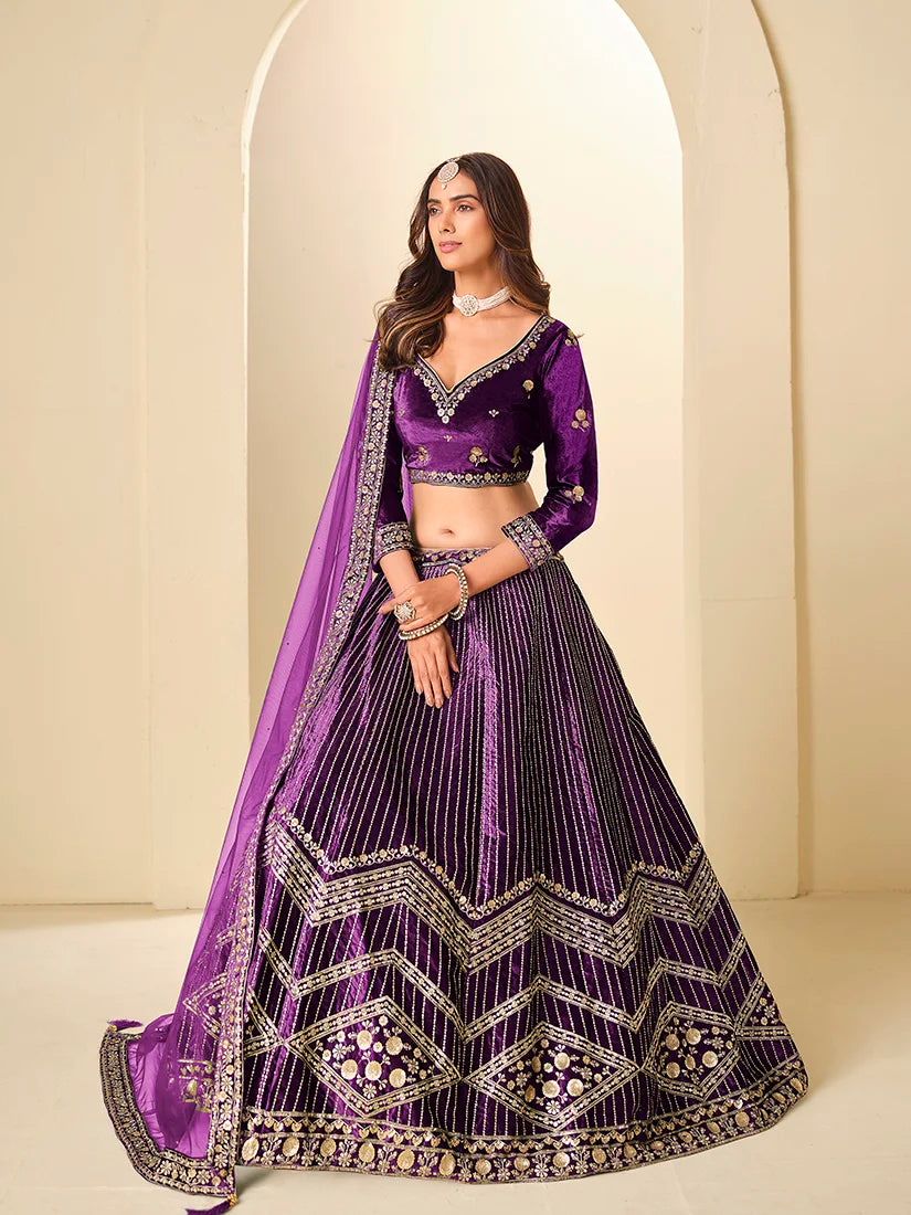 Purple Velvet Chevron Embroidered Lehenga Choli, side
