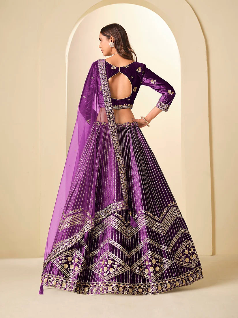 Purple Velvet Chevron Embroidered Lehenga Choli, back