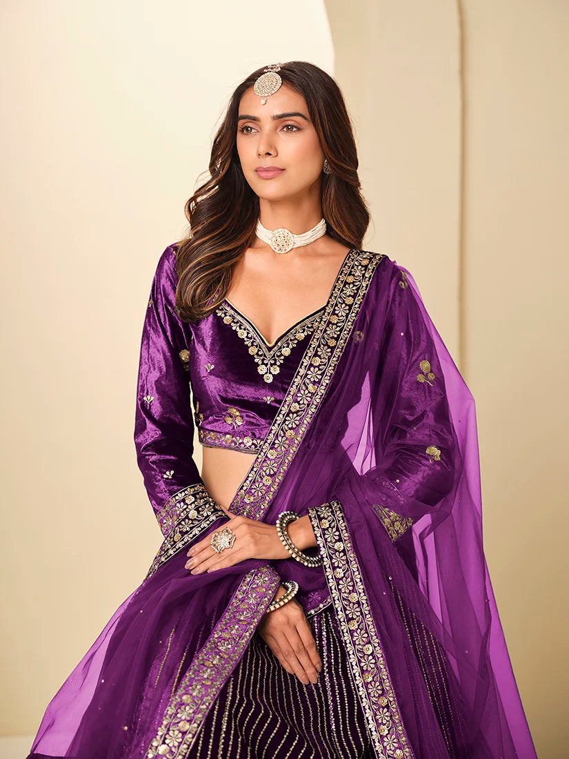 Purple Velvet Chevron Embroidered Lehenga Choli, choli and dupatta detail