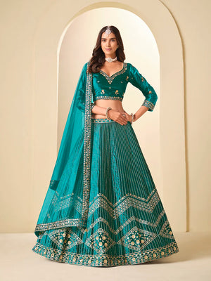 Teal Velvet Chevron Embroidered Lehenga Choli