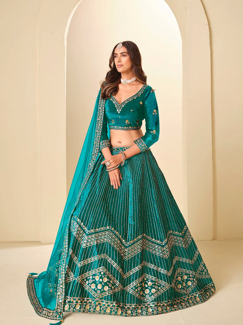 Teal Velvet Chevron Embroidered Lehenga Choli, side
