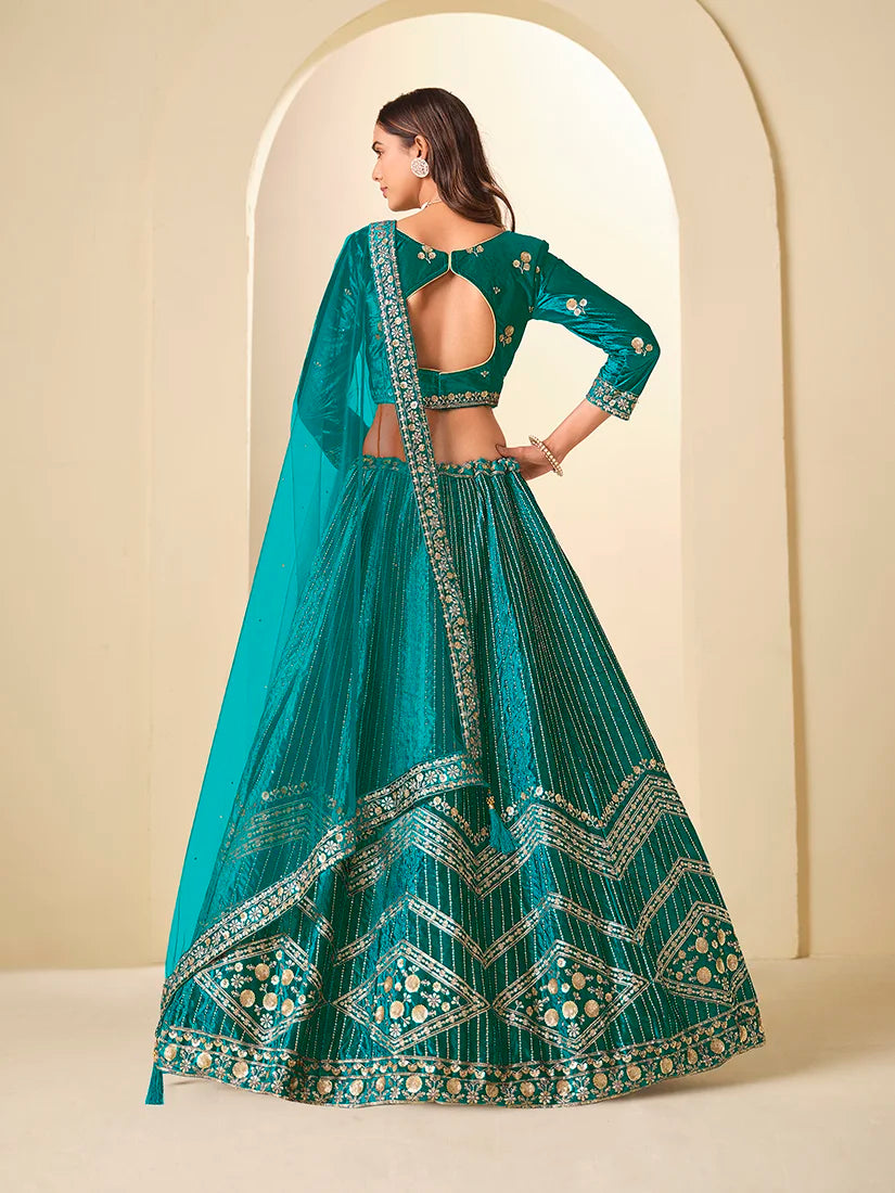 Teal Velvet Chevron Embroidered Lehenga Choli, back