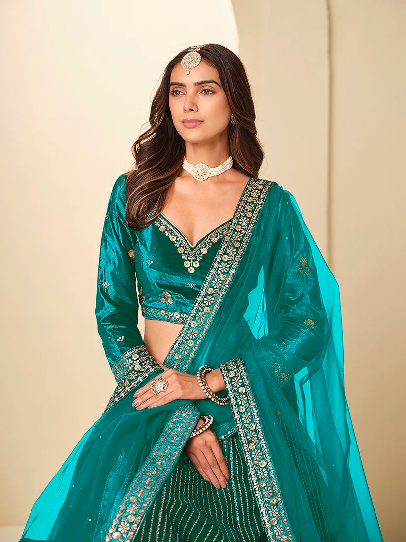 Teal Velvet Chevron Embroidered Lehenga Choli, choli and dupatta detail