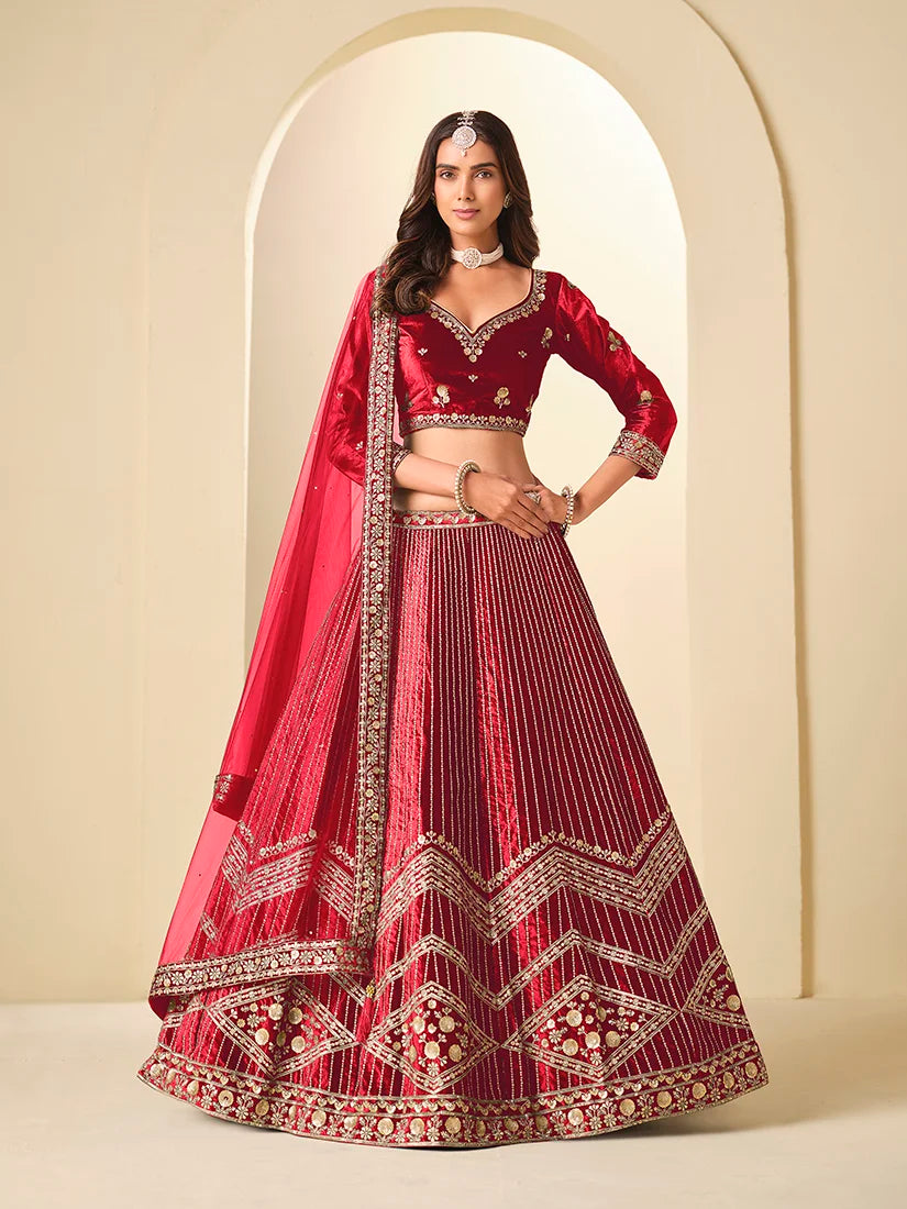 Maroon Velvet Chevron Embroidered Lehenga Choli, front