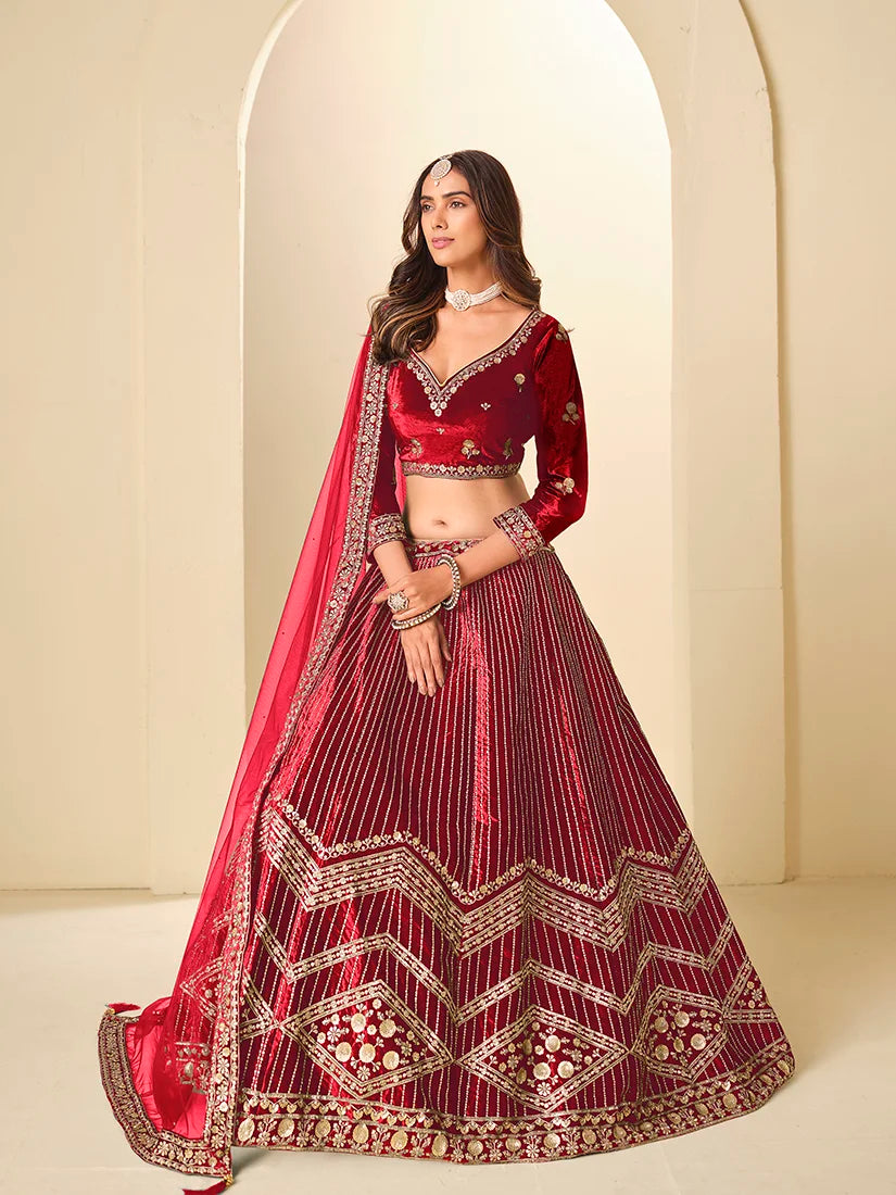Maroon Velvet Chevron Embroidered Lehenga Choli, side