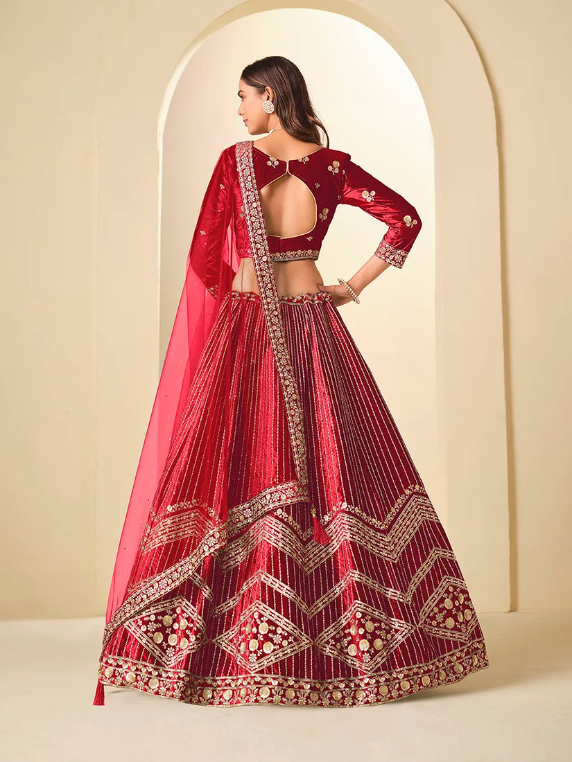 Maroon Velvet Chevron Embroidered Lehenga Choli, back