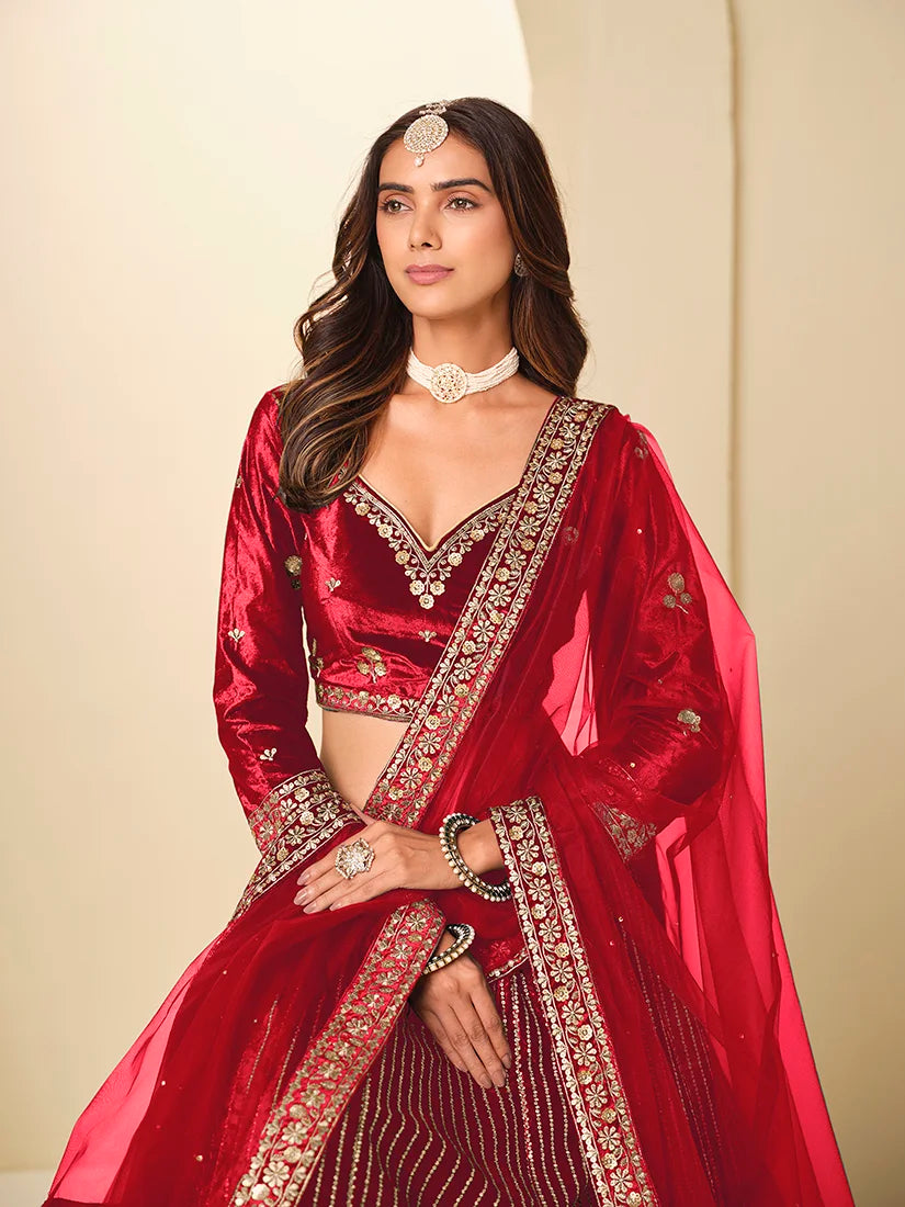 Maroon Velvet Chevron Embroidered Lehenga Choli, choli and dupatta detail