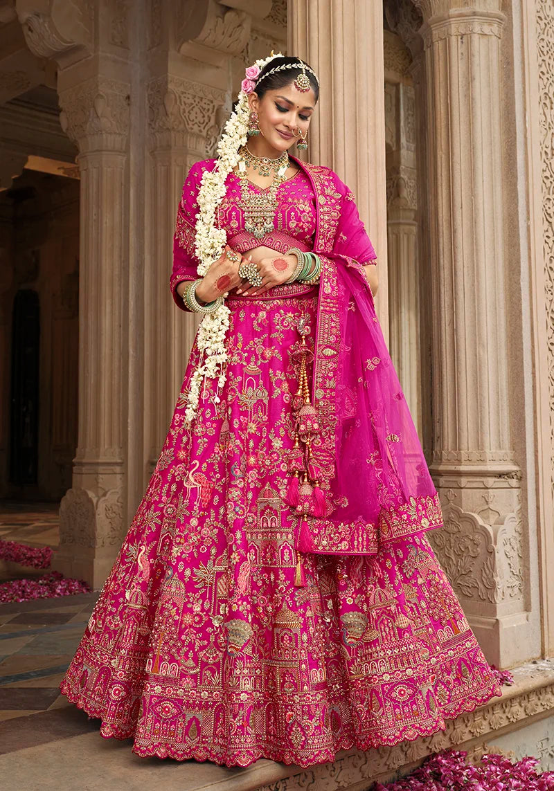 Magenta Silk Blend Khatli Lehenga Choli with Dome Motifs, front