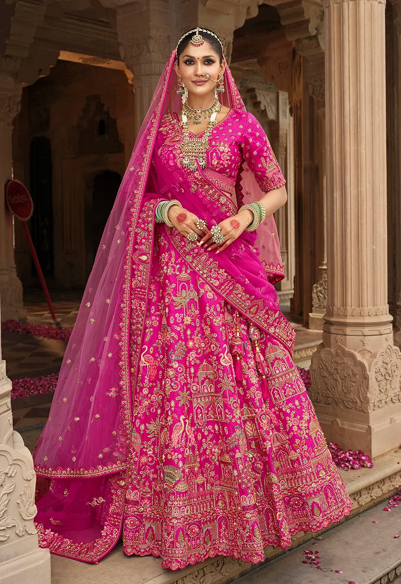 Magenta Silk Blend Khatli Lehenga Choli with Dome Motifs, styled on model