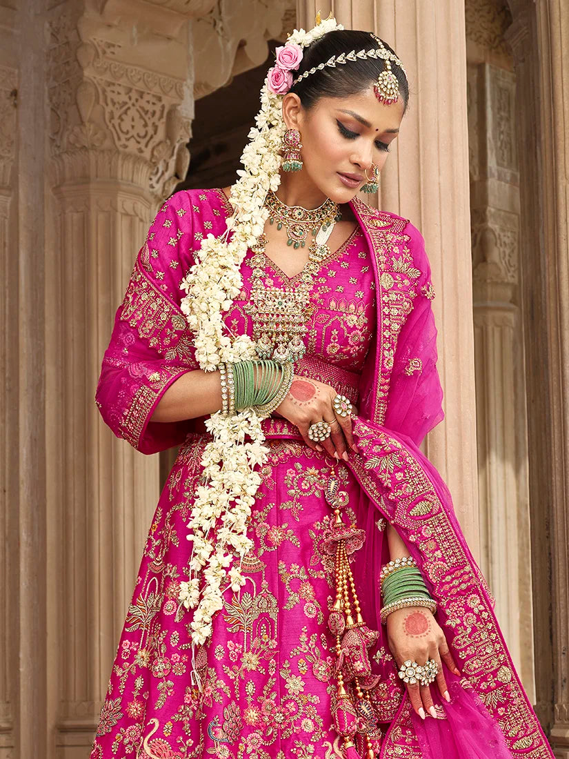 Magenta Silk Blend Khatli Lehenga Choli with Dome Motifs, neckline close-up