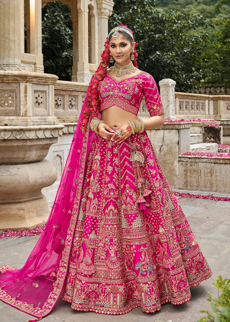 Rani Pink Silk Blend Khatli Lehenga Choli with Chevron Bands, front