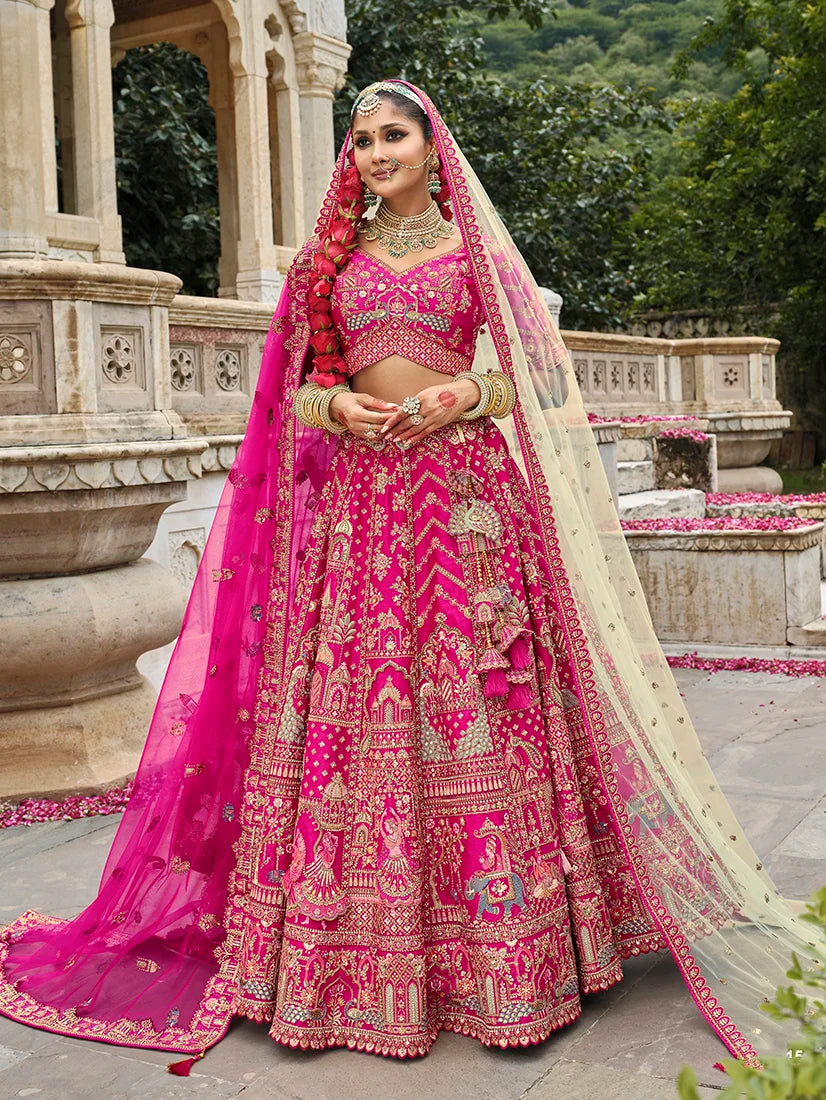 Rani Pink Silk Blend Khatli Lehenga Choli with Chevron Bands, styled on model