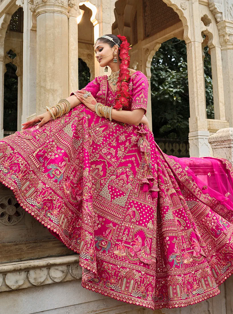 Rani Pink Silk Blend Khatli Lehenga Choli with Chevron Bands, seated view